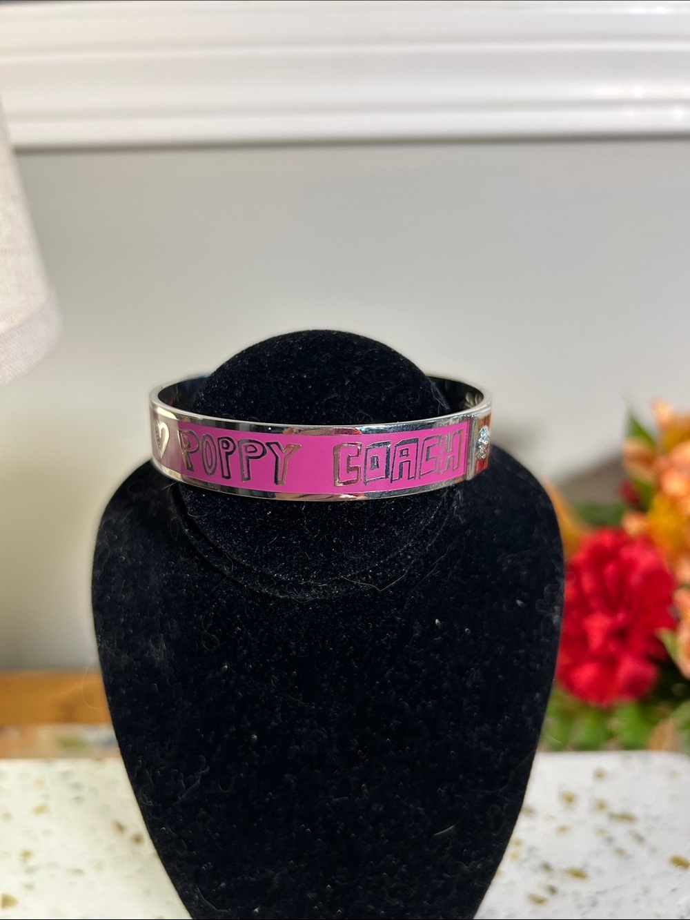 Coach Pink Enamel 'Poppy' Silver-Tone Bangle Bracelet